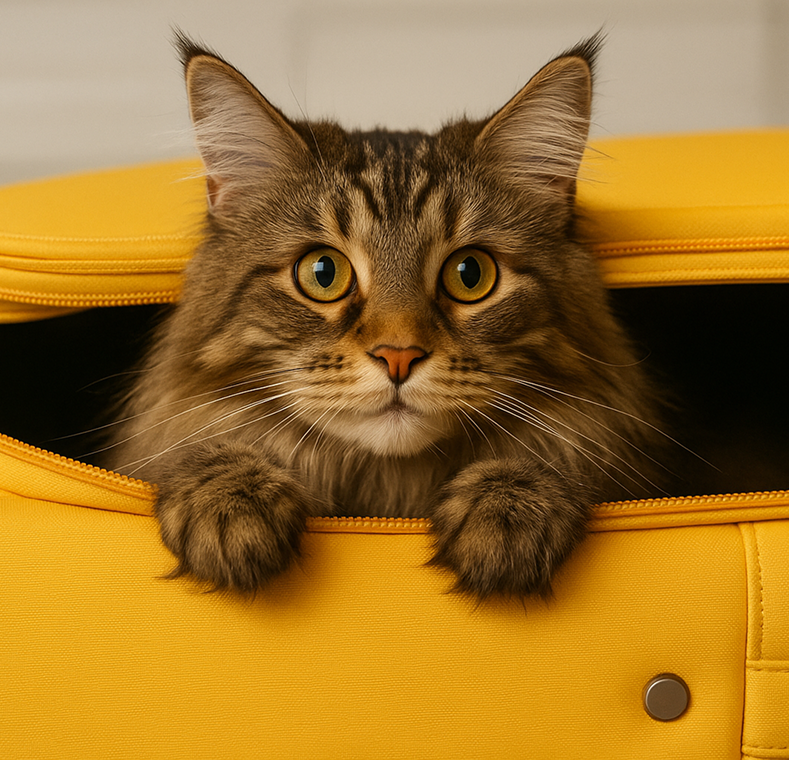 Maine Coon som sitter i en gul resväska och tittar ut, med tassarna vilande på kanten. Ser lugn och nyfiken ut.