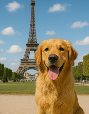 Golden Retriever med tungan ute framför Eiffeltornet en solig dag. Hunden ser glad ut.