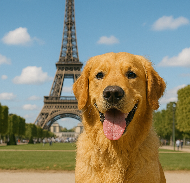 Golden Retriever med tungan ute framför Eiffeltornet en solig dag. Hunden ser glad ut.
